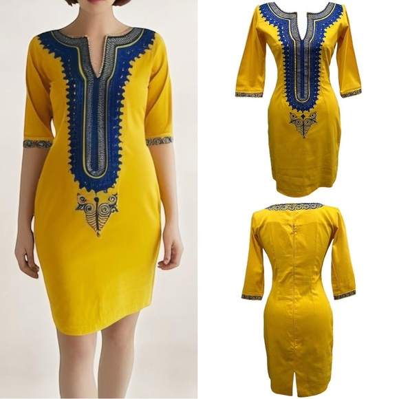 126 Like New | Handmade Women’s Yellow and Blue Embroidered Dress (size S) - Picture 1 of 9